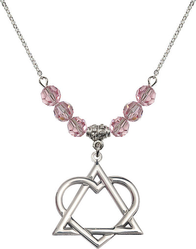 Necklace with 6mm Light Rose Crystal Beads featuring a Sterling Silver Adoption Heart Medal, Bliss Manufacturing