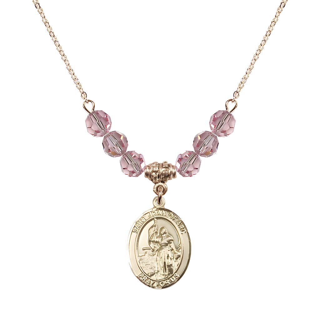 Bliss St. Joan of Arc Oval 14kt Gold-filled 6mm Light Rose Austrian Crystal Beaded Necklace, Measures 3/4 inch tall by 1/2-inch wide, Gift Box.