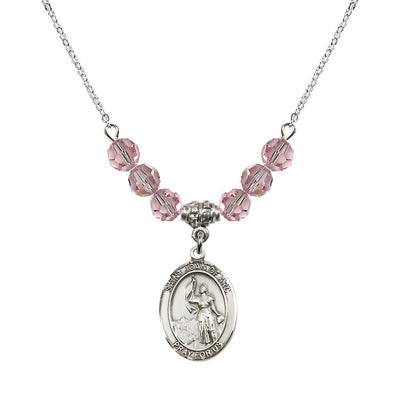 St. Joan of Arc Oval Sterling Silver 6mm Light Rose Austrian Crystal Beaded Necklace, Measures 3/4 inch tall by 1/2-inch wide, Gift Box, Bliss Manufacturing