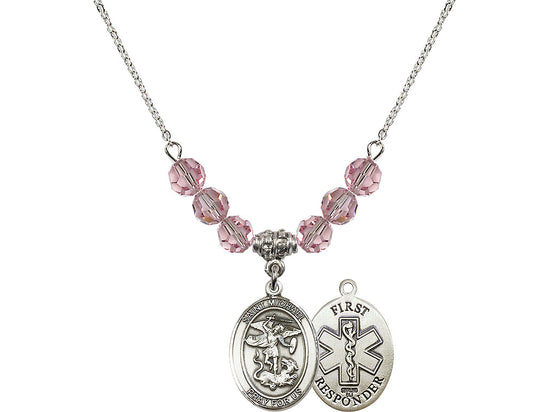 Bliss 1st Responder St Michael Sterling Silver Beaded Necklace in Light Rose,