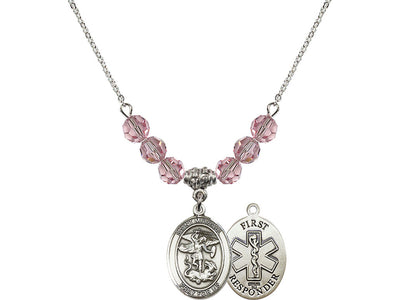 1st Responder St Michael Sterling Silver Beaded Necklace In Light Rose, Bliss Manufacturing