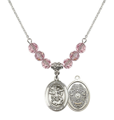 Police Officers St. Michael Sterling Silver 6mm Light Rose Beaded Necklace, Measures 3/4 inch tall by 1/2-inch wide, Gift Box, Bliss Manufacturing