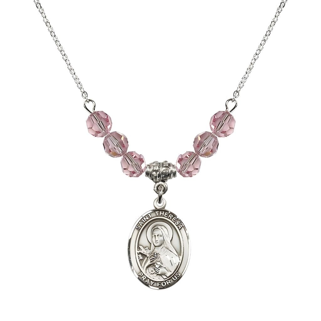Bliss St. Theresa Sterling Silver Crystal Necklace, handcrafted in the USA, Birthstone 6mm Austrian Crystals in Rose