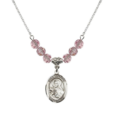 St. Theresa Sterling Silver Crystal Necklace, handcrafted in the USA, Birthstone 6mm Austrian Crystals in Rose, Bliss Manufacturing