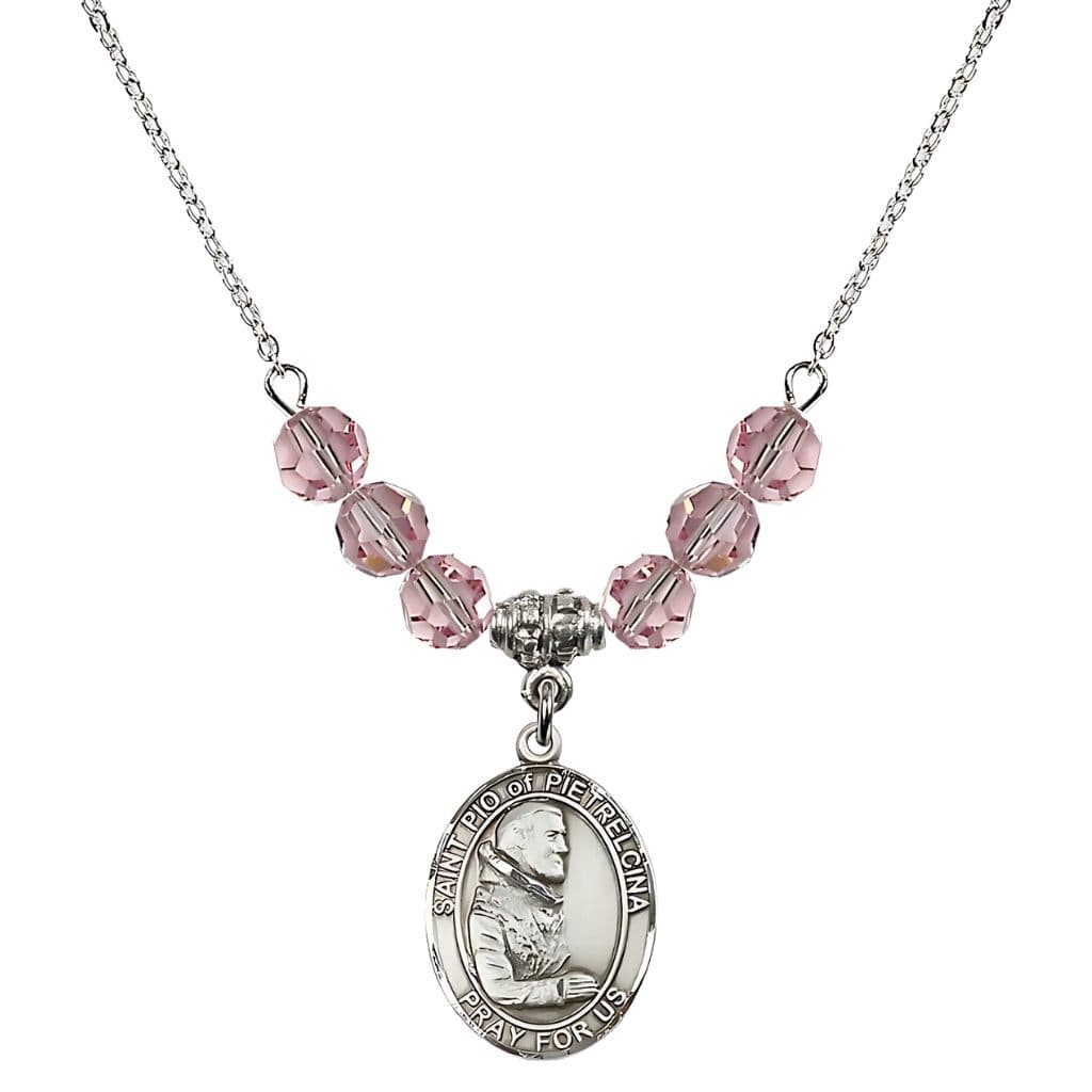 Bliss Sterling Silver St. Padre Pio of Pietrelcina Light Rose Crystal Birthstone Necklace