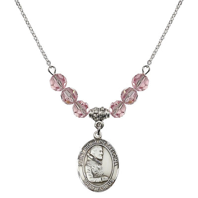 Sterling Silver St. Padre Pio of Pietrelcina Light Rose Crystal Birthstone Necklace, Bliss Manufacturing