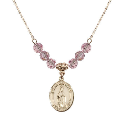 Our Lady of Fatima Gold-filled 6mm Light Rose Beaded Necklace, Measures 3/4 inch tall by 1/2-inch wide, Gift Box, Bliss Manufacturing