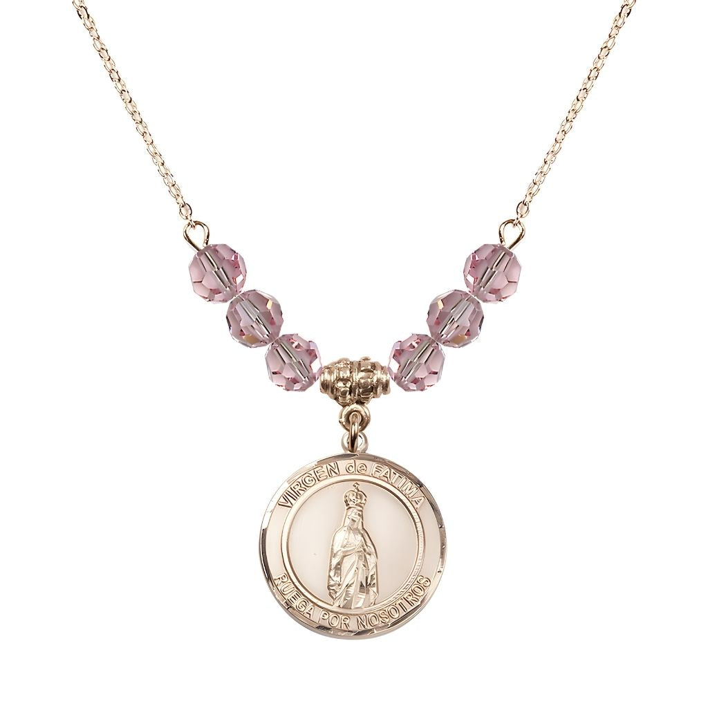 Bliss Virgen de Fatima Round 14kt Gold-filled 6mm Light Rose Beaded Necklace, Measures 3/4 inch tall by 1/2-inch wide, Gift Box