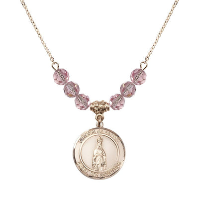 Virgen de Fatima Round 14kt Gold-filled 6mm Light Rose Beaded Necklace, Measures 3/4 inch tall by 1/2-inch wide, Gift Box, Bliss Manufacturing