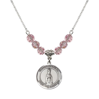 Virgen de Fatima Round Sterling Silver 6mm Light Rose Beaded Necklace, Measures 3/4 inch tall by 1/2-inch wide, Gift Box, Bliss Manufacturing