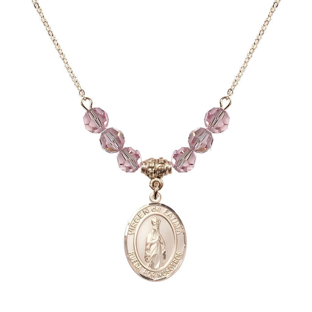 Bliss Virgen de Fatima 14kt Gold-filled 6mm Light Rose Beaded Necklace, Measures 3/4 inch tall by 1/2-inch wide, Gift Box