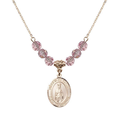 Virgen de Fatima 14kt Gold-filled 6mm Light Rose Beaded Necklace, Measures 3/4 inch tall by 1/2-inch wide, Gift Box, Bliss Manufacturing