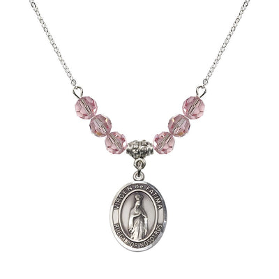 Virgen de Fatima Oval Sterling Silver 6mm Light Rose Beaded Necklace, Measures 3/4 inch tall by 1/2-inch wide, Gift Box, Bliss Manufacturing