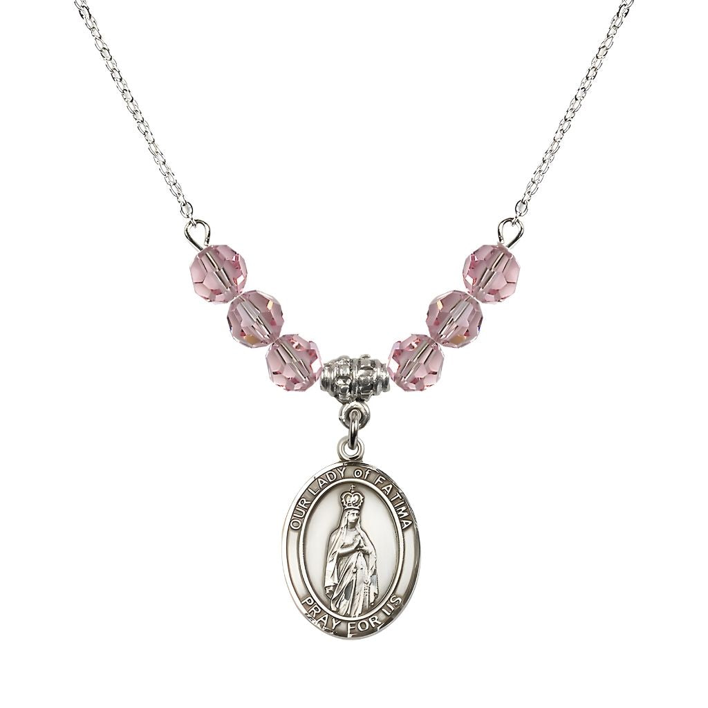Bliss Our Lady of Fatima Sterling Silver 6mm Light Rose Beaded Necklace, Measures 3/4 inch tall by 1/2-inch wide, Gift Box