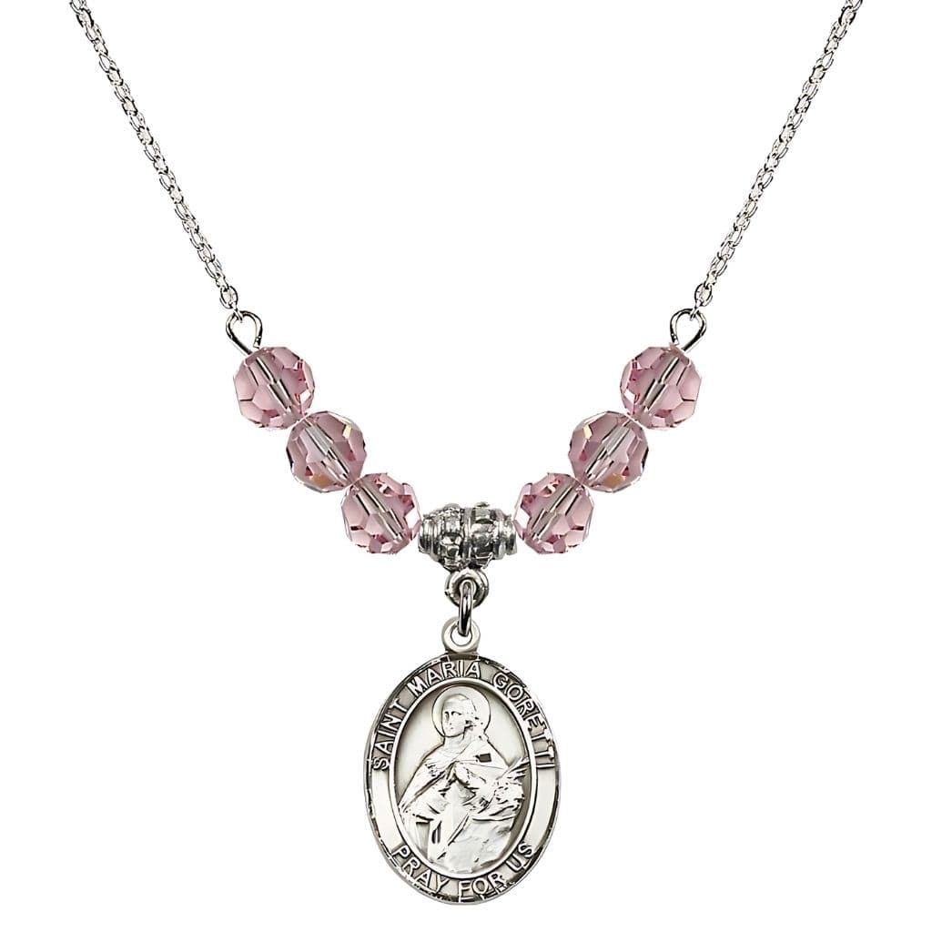 Bliss St. Maria Goretti Sterling Silver Crystal Birthstone Necklace in Light Rose,