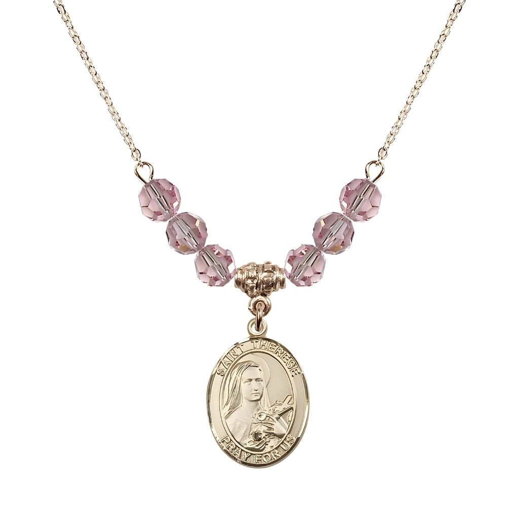 Bliss St. Therese of Lisieux Gold-filled Birthstone Necklace with 6mm Austrian crystals in Light Rose beads.