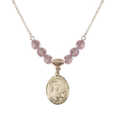 St. Therese of Lisieux Gold-filled Birthstone Necklace with 6mm Austrian crystals in Light Rose beads, Bliss Manufacturing