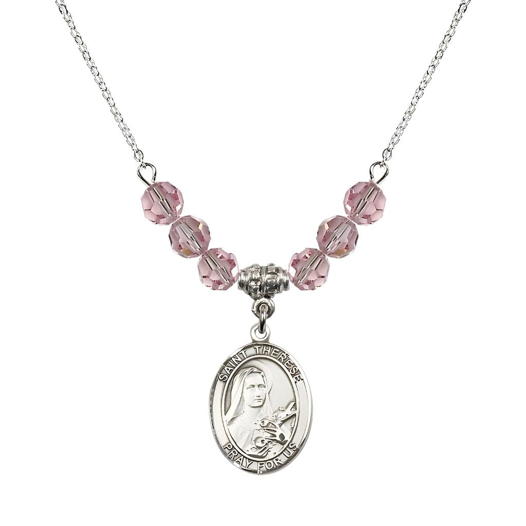Bliss St. Therese of Lisieux Sterling Silver Medal and Birthstone 6mm Light Rose Crystal Necklace