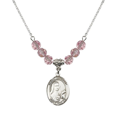 St. Therese of Lisieux Sterling Silver Medal and Birthstone 6mm Light Rose Crystal Necklace, Bliss Manufacturing