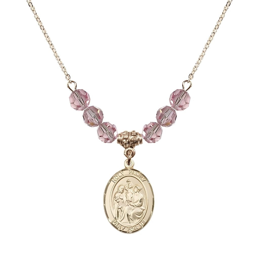 Bliss Holy Family Beaded Necklace with Gold-filled Medal, 6mm Austrian Crystal Light Rose