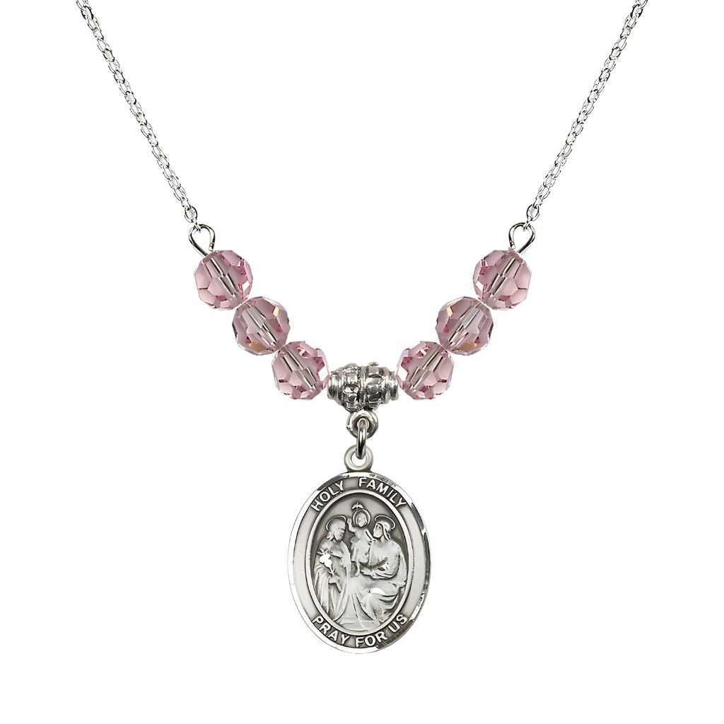 Bliss Holy Family Beaded Necklace with Sterling Silver Medal, 6mm Austrian Crystal Light Rose