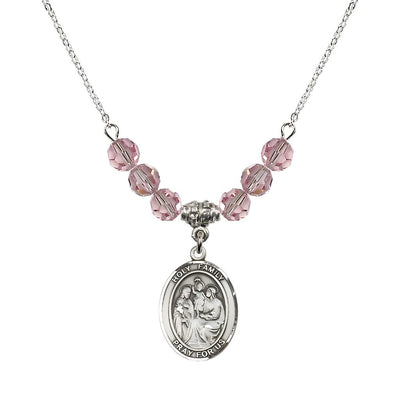 Holy Family Beaded Necklace with Sterling Silver Medal, 6mm Austrian Crystal Light Rose, Bliss Manufacturing