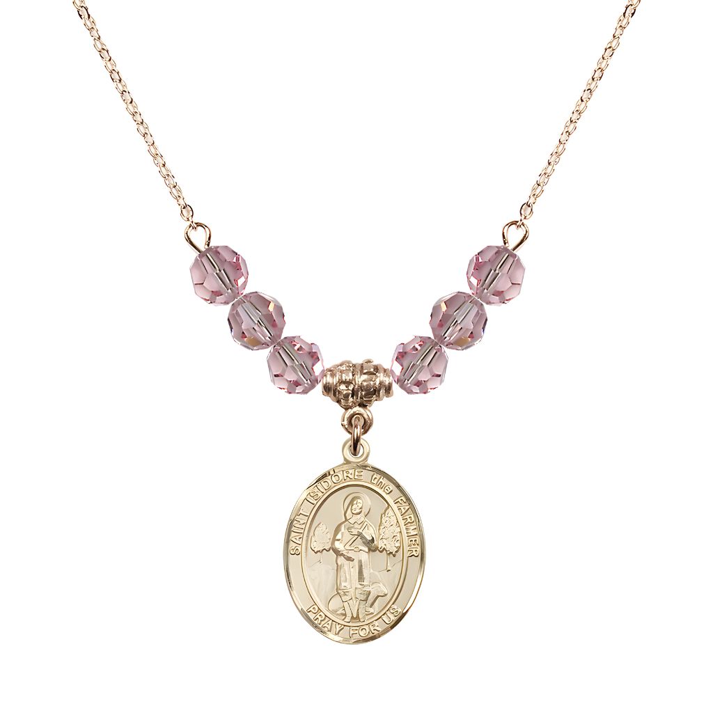 Bliss St. Isidore the Farmer Oval 14kt Gold-filled 6mm Light Rose Austrian Crystal Beaded Necklace, Measures 3/4 inch tall by 1/2-inch wide, Gift Box.