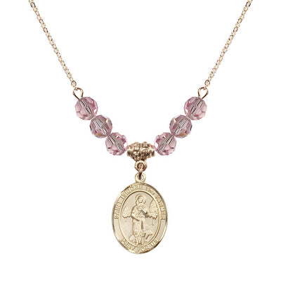 St. Isidore the Farmer Oval 14kt Gold-filled 6mm Light Rose Austrian Crystal Beaded Necklace, Measures 3/4 inch tall by 1/2-inch wide, Gift Box, Bliss Manufacturing