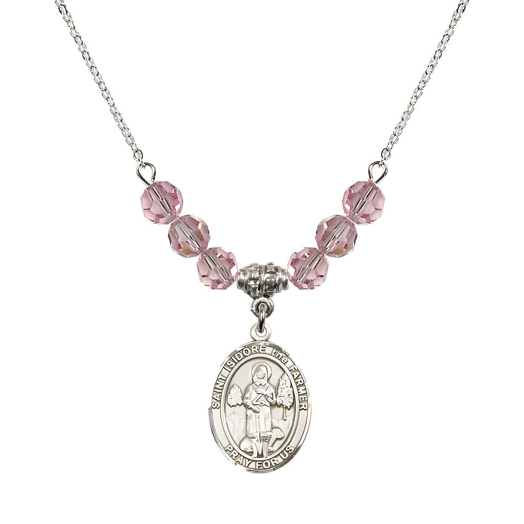 Bliss St. Isidore the Farmer Oval Sterling Silver 6mm Light Rose Austrian Crystal Beaded Necklace, Measures 3/4 inch tall by 1/2-inch wide, Gift Box.