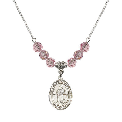 St. Isidore the Farmer Oval Sterling Silver 6mm Light Rose Austrian Crystal Beaded Necklace, Measures 3/4 inch tall by 1/2-inch wide, Gift Box, Bliss Manufacturing
