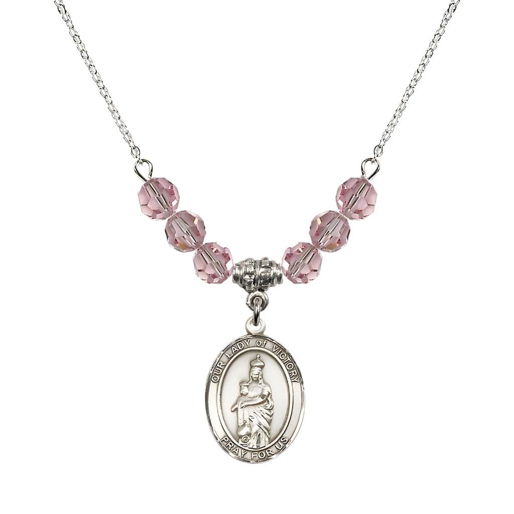 Bliss Our Lady of Victory Sterling Silver 6mm Light Rose Austrian Crystal Beaded Necklace with Plated Chain