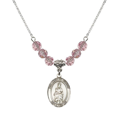Our Lady of Victory Sterling Silver 6mm Light Rose Austrian Crystal Beaded Necklace with Plated Chain, Bliss Manufacturing