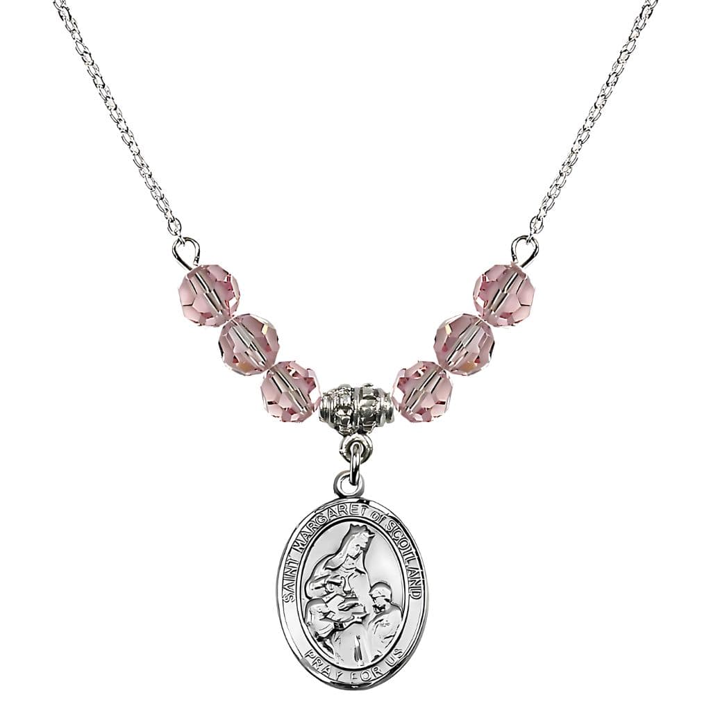 Bliss St. Margaret of Scotland Sterling Silver Crystal Birthstone Bead Necklace in Light Rose,