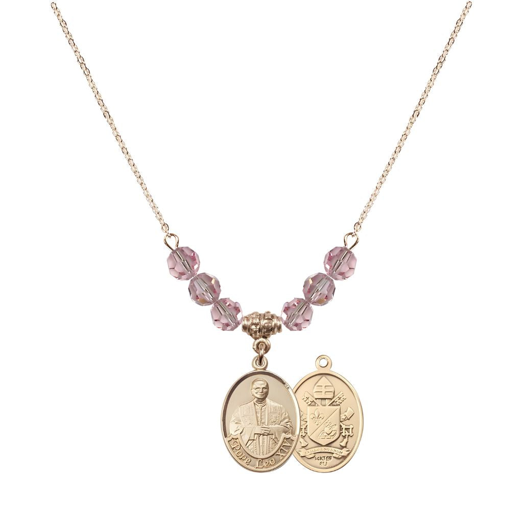 Bliss Pope Leo XIV Beaded Necklace with Gold-filled Medal, 6mm Austrian Crystal Light Rose Beads