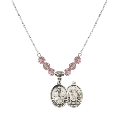 Pope Leo XIV Crystal Sterling Silver Medal Beaded Necklace with Light Rose Crystal Beads, Bliss Manufacturing