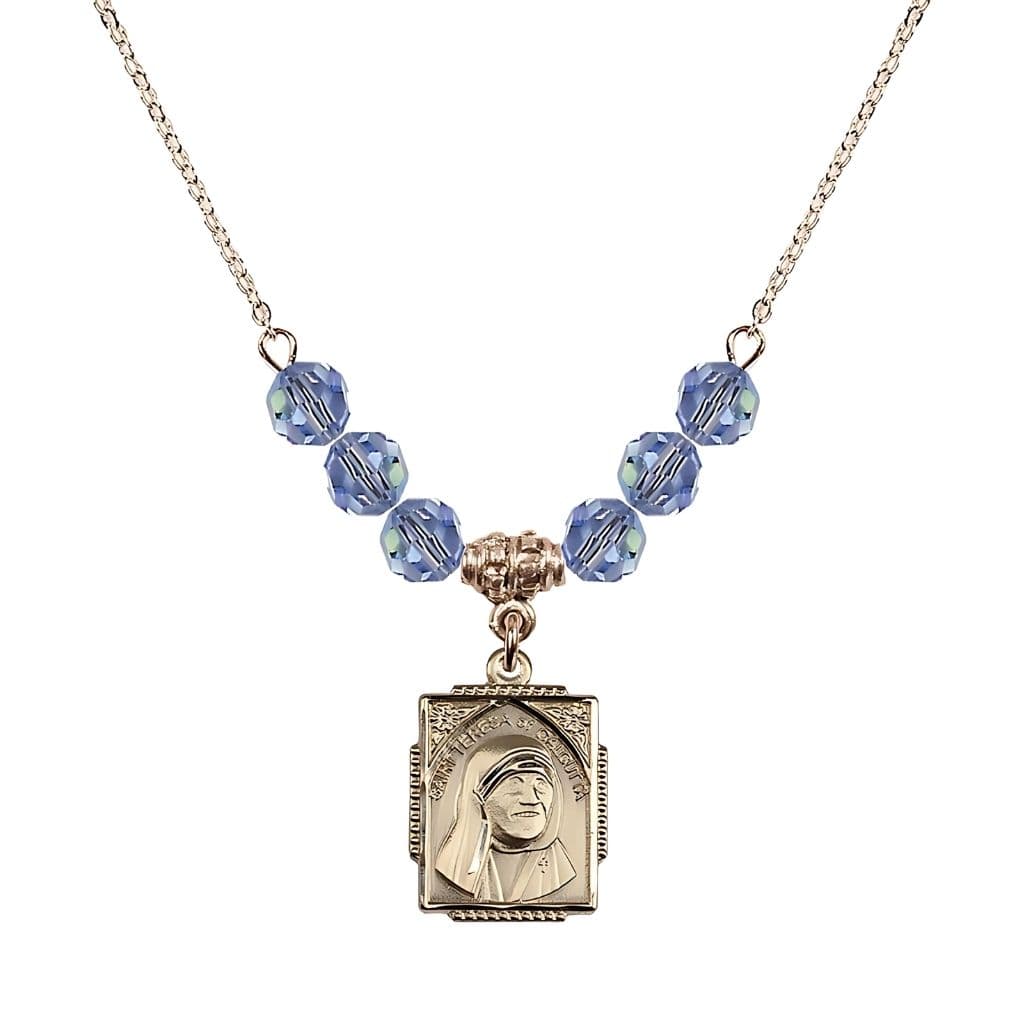 Bliss St. Teresa of Calcutta Square 14kt Gold-filled Light Sapphire Crystal Birthstone Necklace,