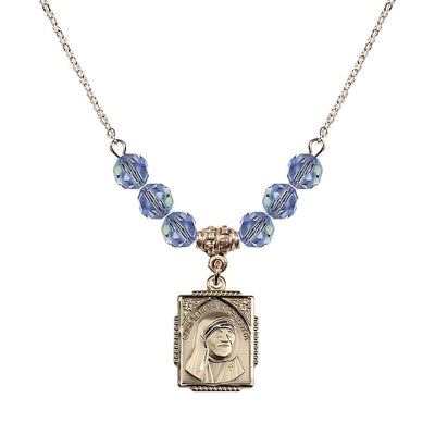 St. Teresa of Calcutta Square 14kt Gold-filled Light Sapphire Crystal Birthstone Necklace, Bliss Manufacturing