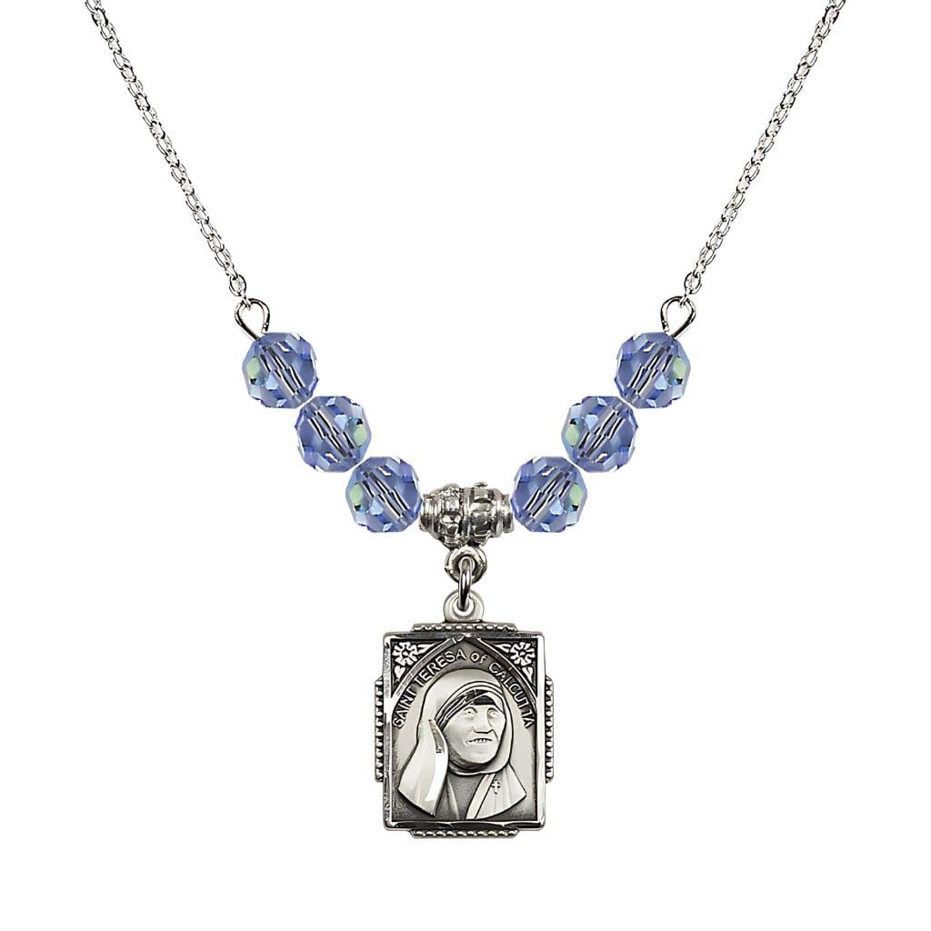 Bliss St. Teresa of Calcutta Square Sterling Silver Light Sapphire Crystal Birthstone Necklace,