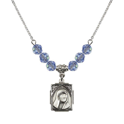 St. Teresa of Calcutta Square Sterling Silver Light Sapphire Crystal Birthstone Necklace, Bliss Manufacturing
