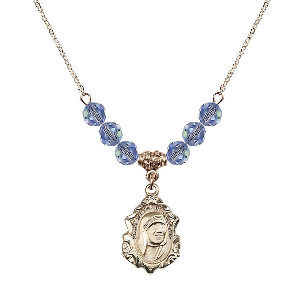 Bliss St. Teresa of Calcutta 14kt Gold-filled Crystal Birthstone Necklace with 6mm Light Sapphire Crystal Beads