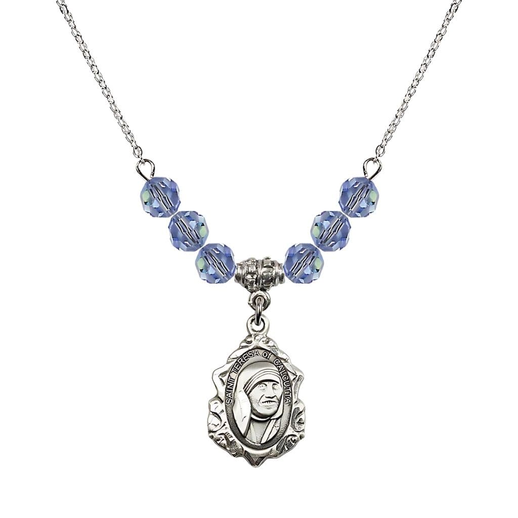 Bliss St. Teresa of Calcutta Sterling Silver Crystal Birthstone Necklace with 6mm Light Sapphire Crystal Beads