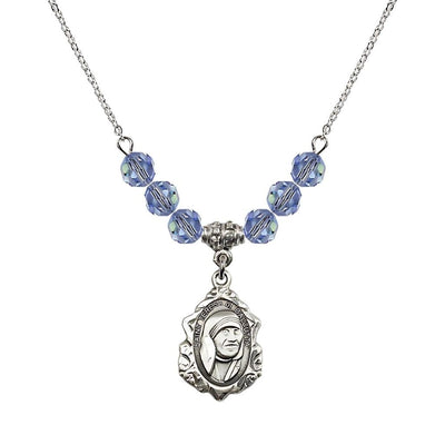 St. Teresa of Calcutta Sterling Silver Crystal Birthstone Necklace with 6mm Light Sapphire Crystal Beads, Bliss Manufacturing