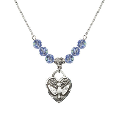 Dove Confirmation Heart Medal with 6mm Light Sapphire Crystal Bead Necklace, 3/4 inch tall by 5/8 inch wide, Bliss Manufacturing