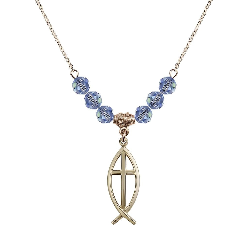 Bliss Fish Cross Crystal Light Sapphire Birthstone Necklace with 18" Chain, Medal 1",