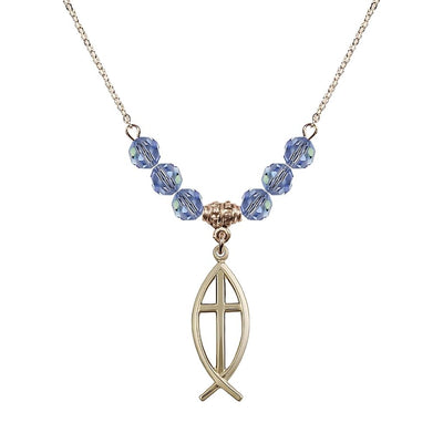 Fish Cross Crystal Light Sapphire Birthstone Necklace with 18" Chain, Medal 1", Bliss Manufacturing