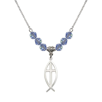 Fish Cross Crystal Birthstone Necklace with 18-inch Chain in Light Sapphire, Medal 1 inch tall by 3/8 inch wide, Bliss Manufacturing