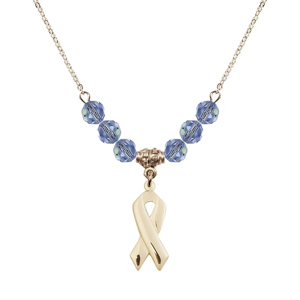 Bliss 14kt Gold-filled Cancer Awareness Ribbon Light Sapphire Birthstone Crystal Beaded Necklace, Charm Measures 7/8 inch tall by 3/8 inch wide