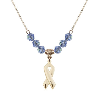 14kt Gold-filled Cancer Awareness Ribbon Light Sapphire Birthstone Crystal Beaded Necklace, Charm Measures 7/8 inch tall by 3/8 inch wide, Bliss Manufacturing