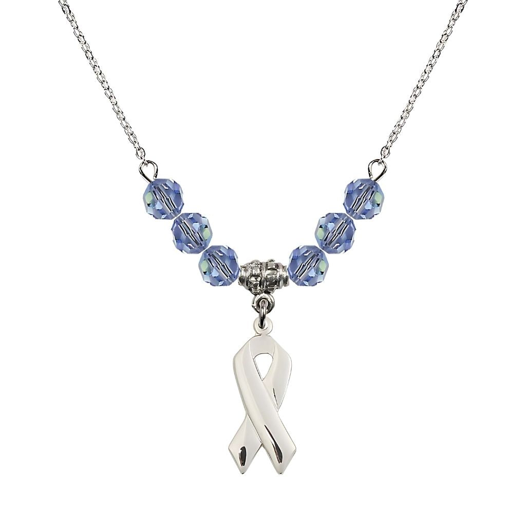 Bliss Sterling Silver Cancer Awareness Ribbon Light Sapphire Birthstone Crystal Beaded Necklace, Charm Measures 7/8 inch tall by 3/8 inch wide