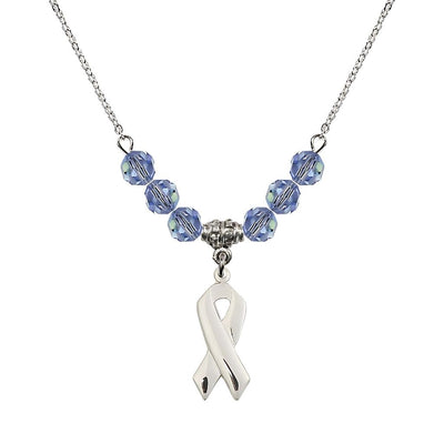 Sterling Silver Cancer Awareness Ribbon Light Sapphire Birthstone Crystal Beaded Necklace, Charm Measures 7/8 inch tall by 3/8 inch wide, Bliss Manufacturing